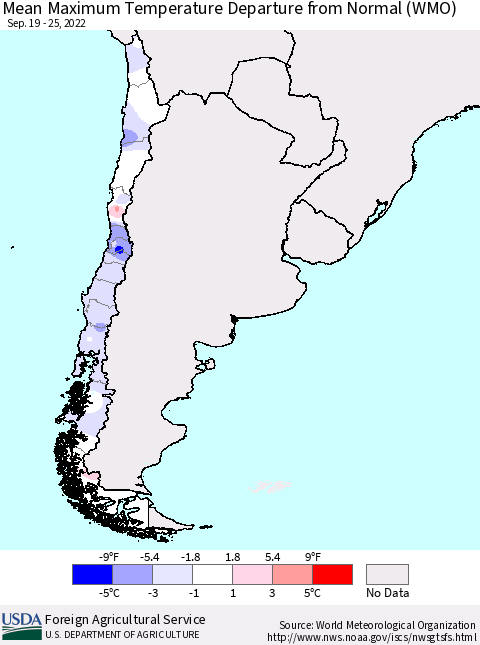 Chile Mean Maximum Temperature Departure from Normal (WMO) Thematic Map For 9/19/2022 - 9/25/2022