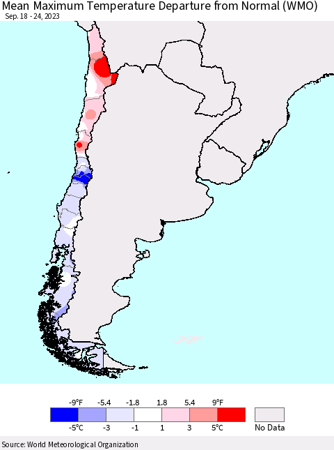 Chile Mean Maximum Temperature Departure from Normal (WMO) Thematic Map For 9/18/2023 - 9/24/2023