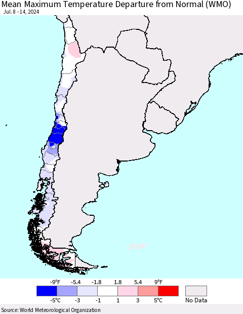 Chile Mean Maximum Temperature Departure from Normal (WMO) Thematic Map For 7/8/2024 - 7/14/2024