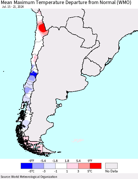 Chile Mean Maximum Temperature Departure from Normal (WMO) Thematic Map For 7/15/2024 - 7/21/2024