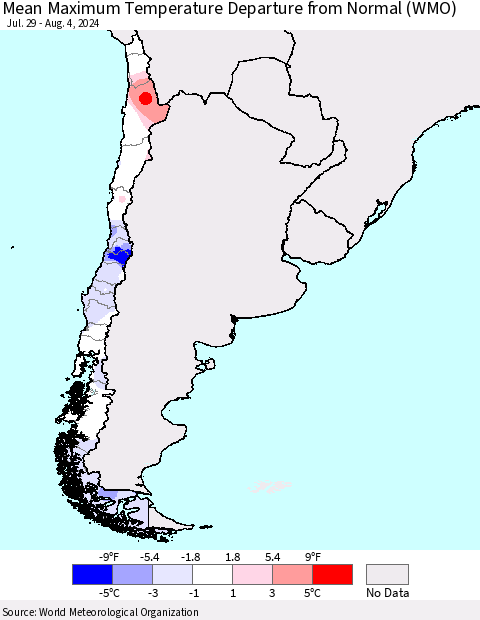 Chile Mean Maximum Temperature Departure from Normal (WMO) Thematic Map For 7/29/2024 - 8/4/2024