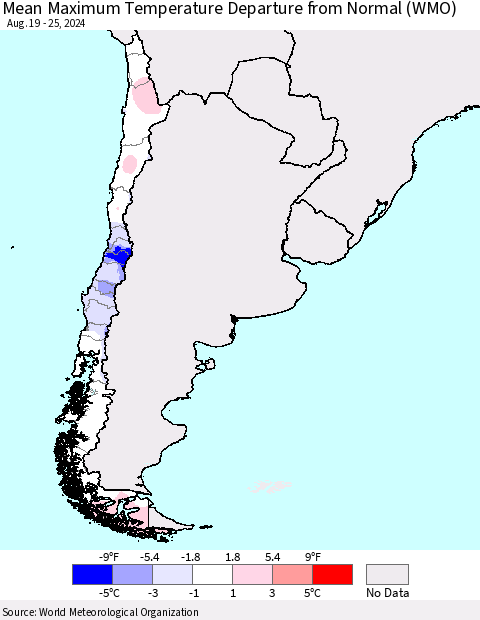Chile Mean Maximum Temperature Departure from Normal (WMO) Thematic Map For 8/19/2024 - 8/25/2024