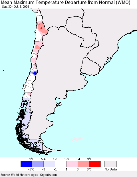 Chile Mean Maximum Temperature Departure from Normal (WMO) Thematic Map For 9/30/2024 - 10/6/2024