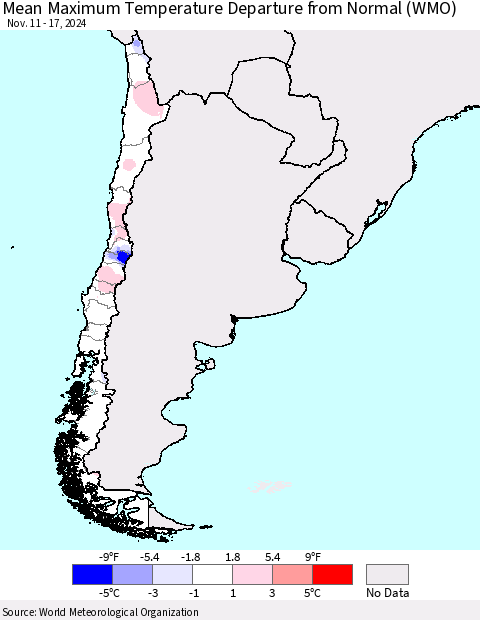 Chile Mean Maximum Temperature Departure from Normal (WMO) Thematic Map For 11/11/2024 - 11/17/2024