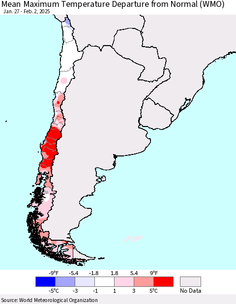 Chile Mean Maximum Temperature Departure from Normal (WMO) Thematic Map For 1/27/2025 - 2/2/2025