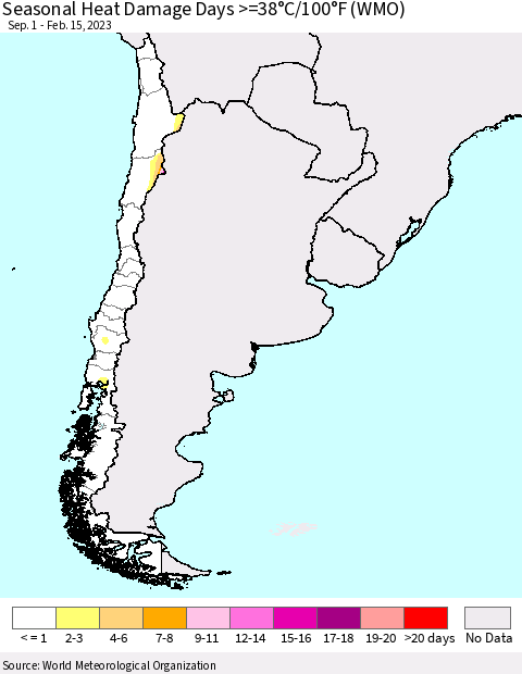 Chile Seasonal Heat Damage Days >=38°C/100°F (WMO) Thematic Map For 9/1/2022 - 2/15/2023