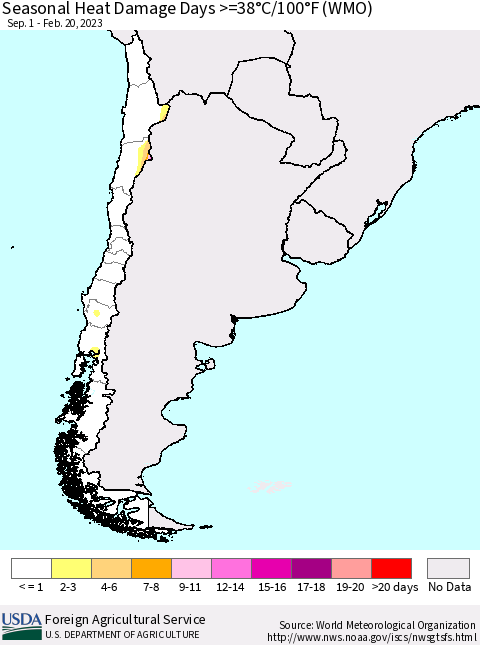 Chile Seasonal Heat Damage Days >=38°C/100°F (WMO) Thematic Map For 9/1/2022 - 2/20/2023