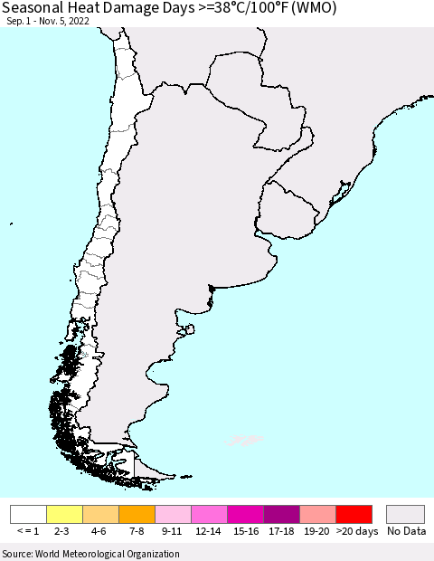 Chile Seasonal Heat Damage Days >=38°C/100°F (WMO) Thematic Map For 9/1/2022 - 11/5/2022