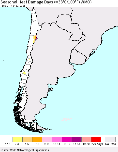Chile Seasonal Heat Damage Days >=38°C/100°F (WMO) Thematic Map For 9/1/2024 - 3/31/2025