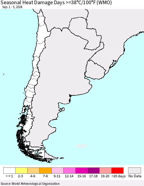 Chile Seasonal Heat Damage Days >=38°C/100°F (WMO) Thematic Map For 9/1/2024 - 9/5/2024