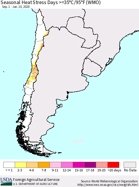 Chile Seasonal Heat Stress Days >=35°C/95°F (WMO) Thematic Map For 9/1/2019 - 1/10/2020
