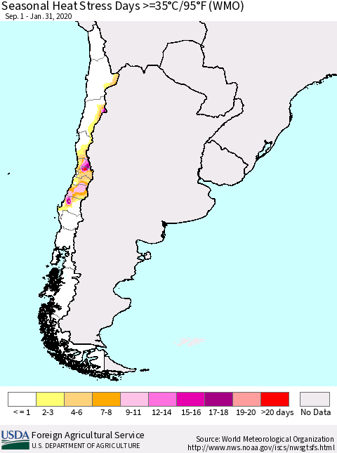Chile Seasonal Heat Stress Days >=35°C/95°F (WMO) Thematic Map For 9/1/2019 - 1/31/2020