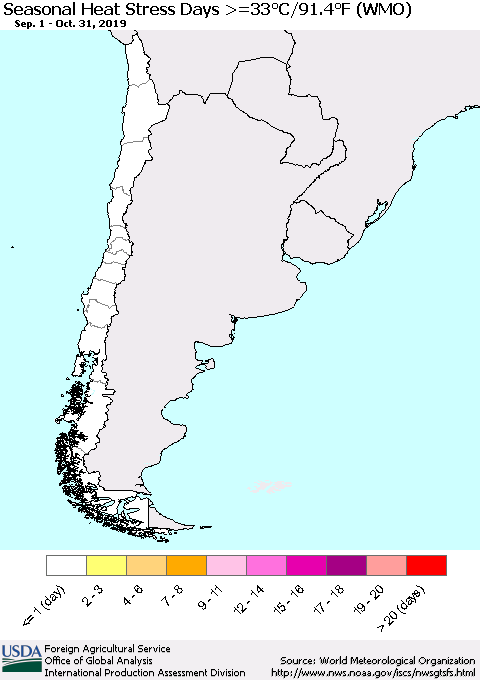 Chile Seasonal Heat Stress Days >=35°C/95°F (WMO) Thematic Map For 9/1/2019 - 10/31/2019