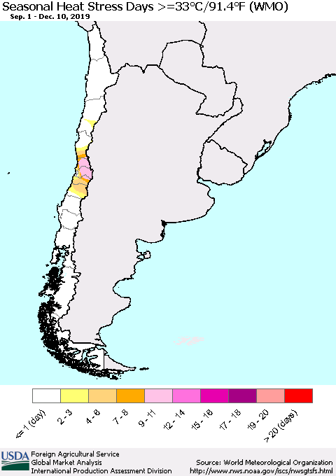 Chile Seasonal Heat Stress Days >=35°C/95°F (WMO) Thematic Map For 9/1/2019 - 12/10/2019