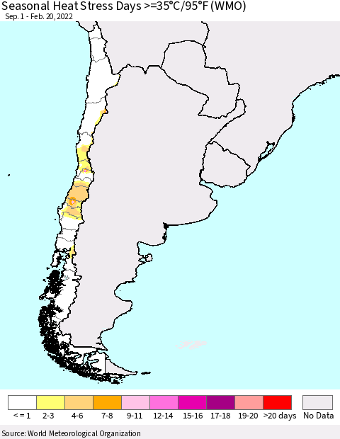 Chile Seasonal Heat Stress Days >=35°C/95°F (WMO) Thematic Map For 9/1/2021 - 2/20/2022