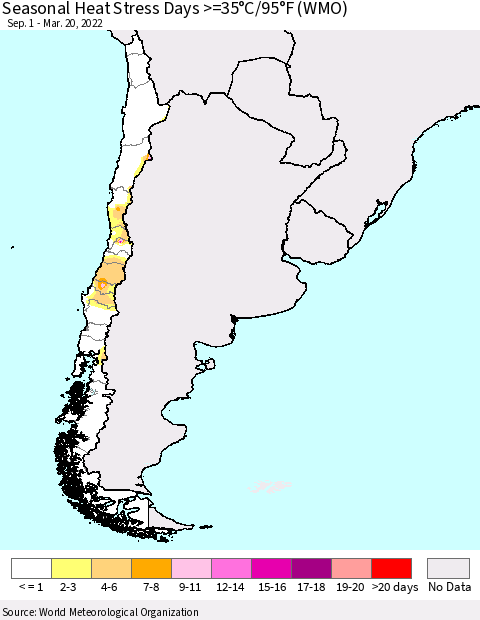 Chile Seasonal Heat Stress Days >=35°C/95°F (WMO) Thematic Map For 9/1/2021 - 3/20/2022