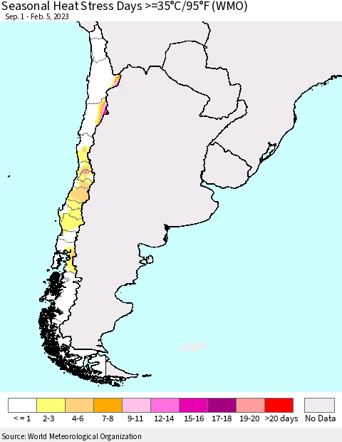 Chile Seasonal Heat Stress Days >=35°C/95°F (WMO) Thematic Map For 9/1/2022 - 2/5/2023