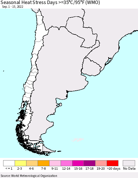 Chile Seasonal Heat Stress Days >=35°C/95°F (WMO) Thematic Map For 9/1/2022 - 9/15/2022