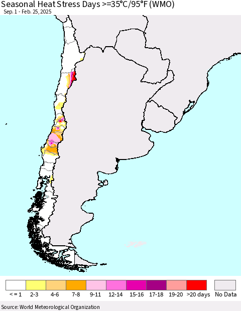 Chile Seasonal Heat Stress Days >=35°C/95°F (WMO) Thematic Map For 9/1/2024 - 2/25/2025