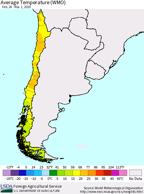 Chile Average Temperature (WMO) Thematic Map For 2/24/2020 - 3/1/2020