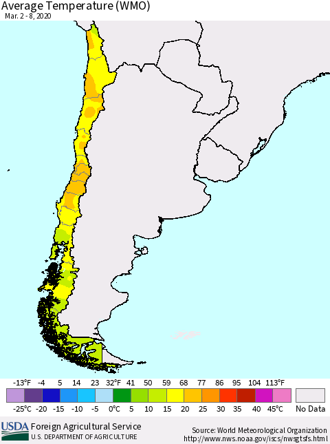 Chile Average Temperature (WMO) Thematic Map For 3/2/2020 - 3/8/2020
