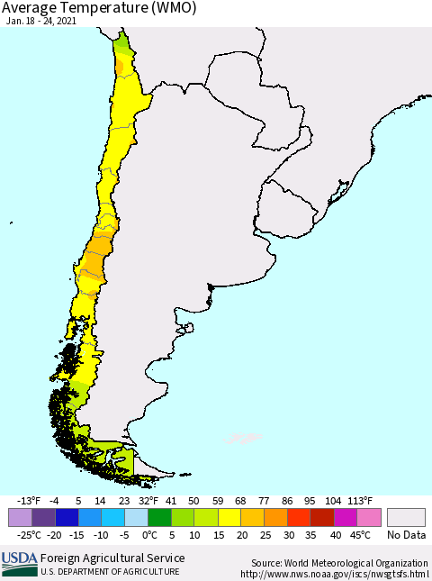 Chile Average Temperature (WMO) Thematic Map For 1/18/2021 - 1/24/2021