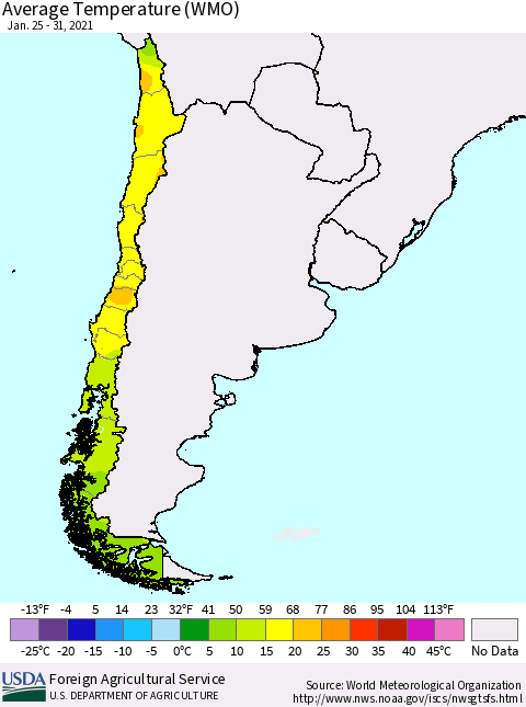 Chile Average Temperature (WMO) Thematic Map For 1/25/2021 - 1/31/2021