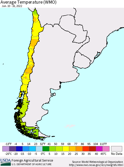 Chile Average Temperature (WMO) Thematic Map For 1/10/2022 - 1/16/2022
