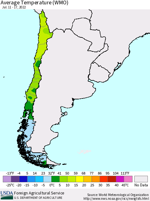 Chile Average Temperature (WMO) Thematic Map For 7/11/2022 - 7/17/2022