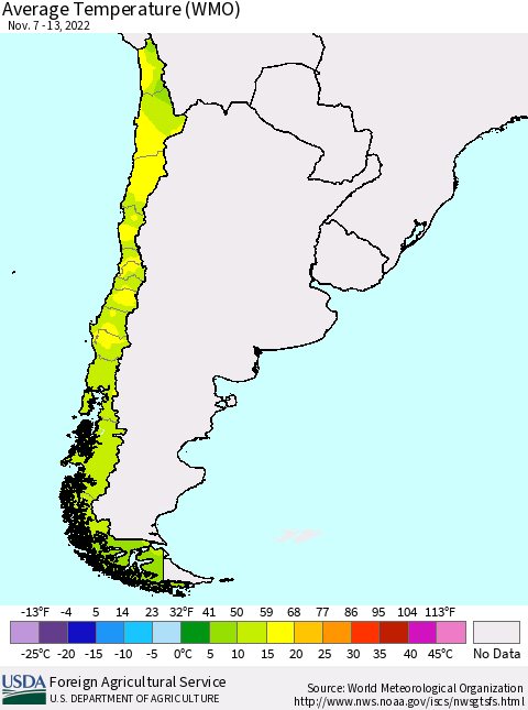 Chile Average Temperature (WMO) Thematic Map For 11/7/2022 - 11/13/2022