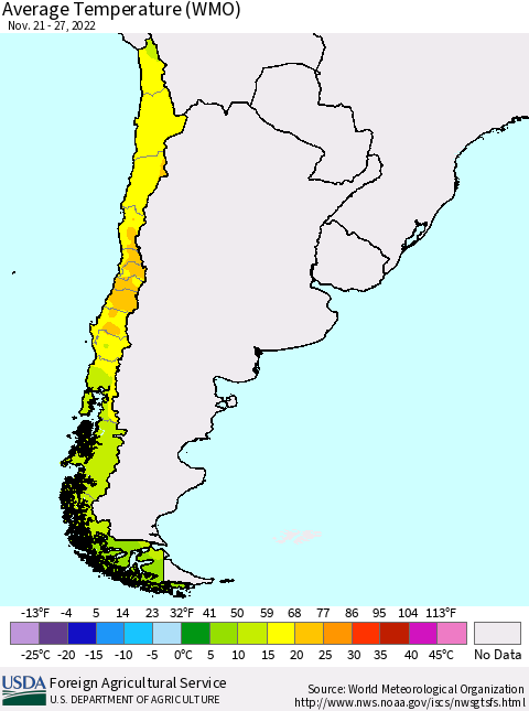 Chile Average Temperature (WMO) Thematic Map For 11/21/2022 - 11/27/2022