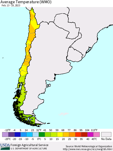 Chile Average Temperature (WMO) Thematic Map For 2/13/2023 - 2/19/2023