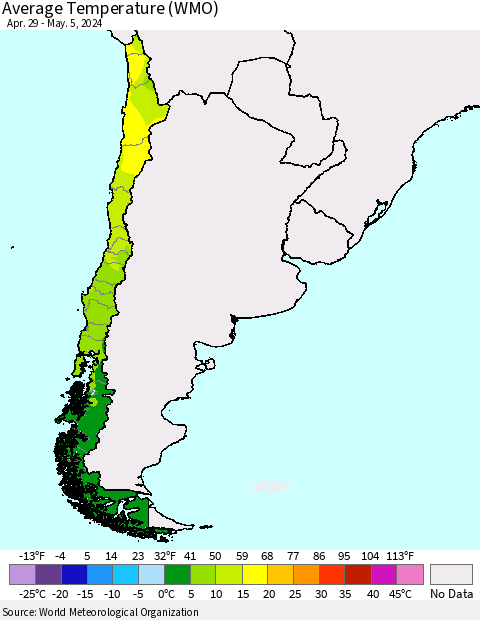 Chile Average Temperature (WMO) Thematic Map For 4/29/2024 - 5/5/2024