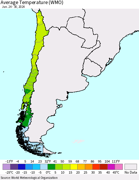Chile Average Temperature (WMO) Thematic Map For 6/24/2024 - 6/30/2024