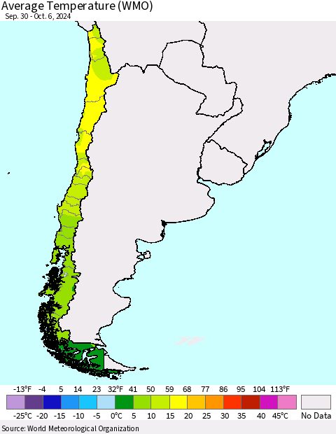 Chile Average Temperature (WMO) Thematic Map For 9/30/2024 - 10/6/2024
