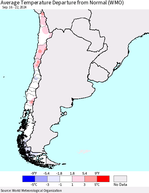 Chile Average Temperature Departure from Normal (WMO) Thematic Map For 9/16/2024 - 9/22/2024