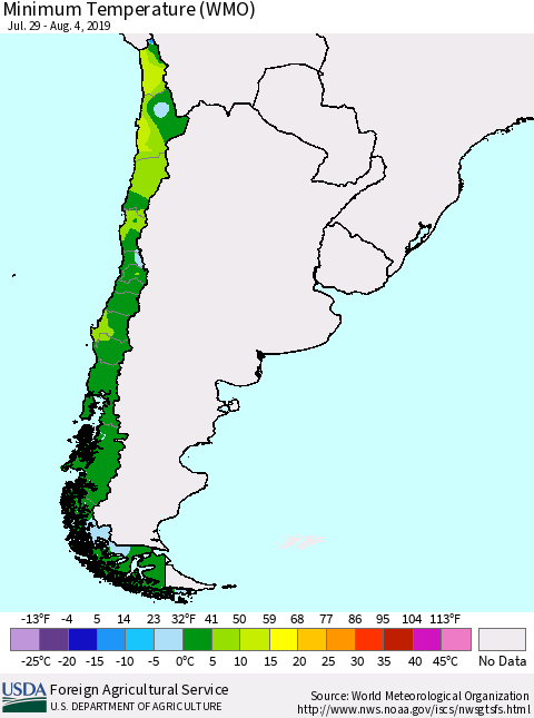 Chile Minimum Temperature (WMO) Thematic Map For 7/29/2019 - 8/4/2019