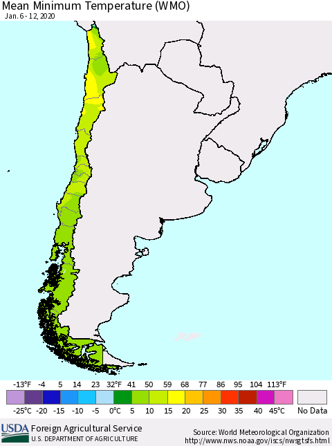Chile Minimum Temperature (WMO) Thematic Map For 1/6/2020 - 1/12/2020