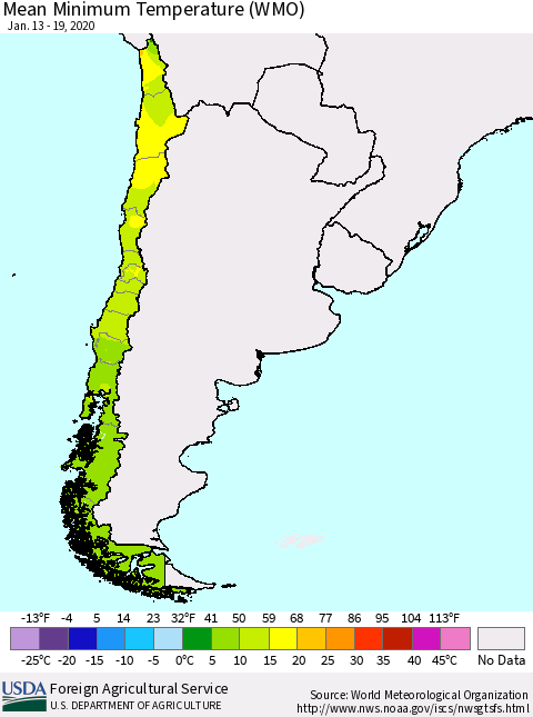 Chile Minimum Temperature (WMO) Thematic Map For 1/13/2020 - 1/19/2020