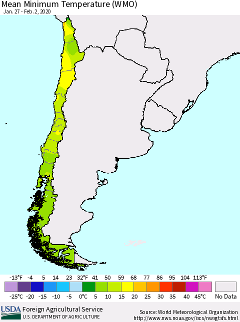 Chile Minimum Temperature (WMO) Thematic Map For 1/27/2020 - 2/2/2020