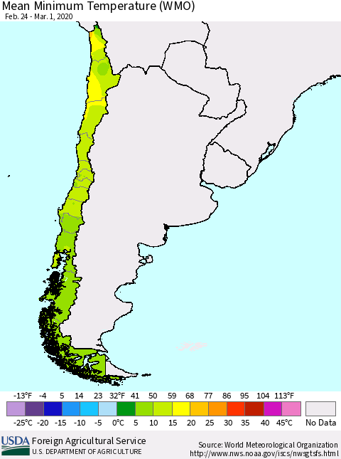 Chile Minimum Temperature (WMO) Thematic Map For 2/24/2020 - 3/1/2020