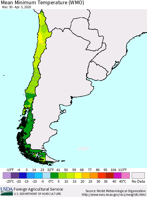 Chile Minimum Temperature (WMO) Thematic Map For 3/30/2020 - 4/5/2020