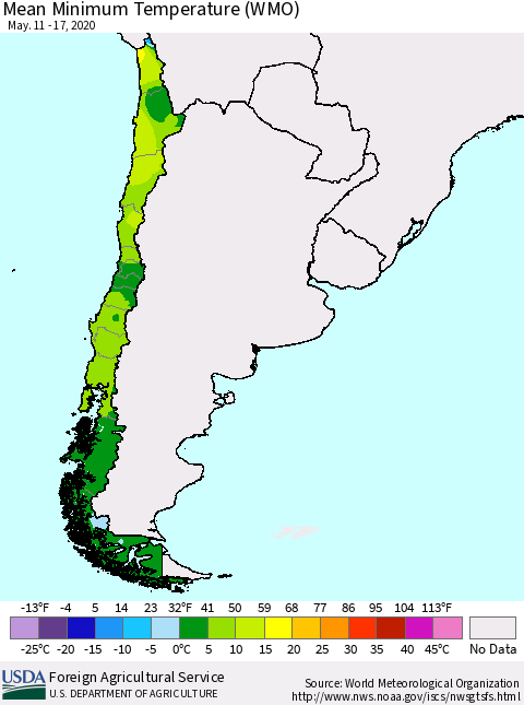 Chile Minimum Temperature (WMO) Thematic Map For 5/11/2020 - 5/17/2020