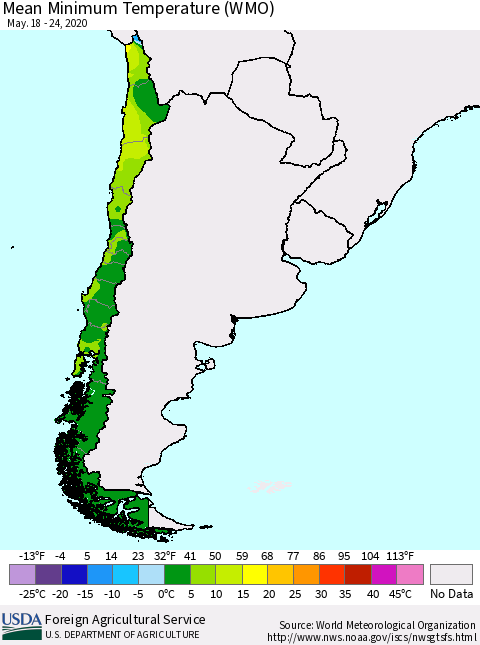 Chile Minimum Temperature (WMO) Thematic Map For 5/18/2020 - 5/24/2020