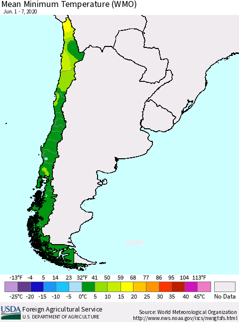 Chile Minimum Temperature (WMO) Thematic Map For 6/1/2020 - 6/7/2020