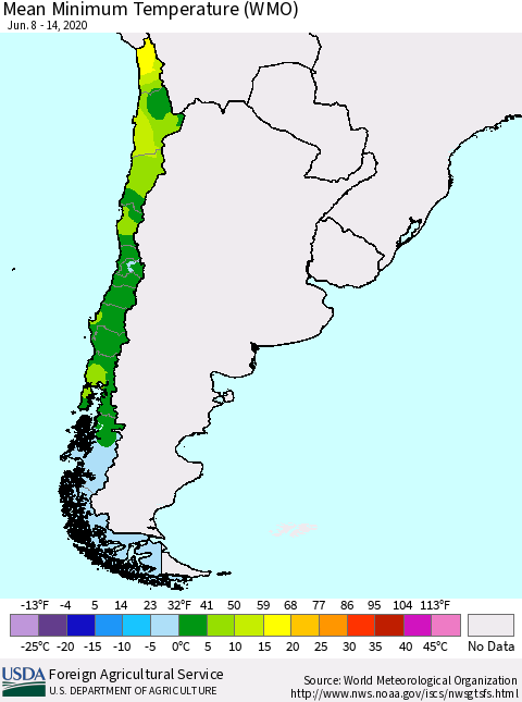 Chile Minimum Temperature (WMO) Thematic Map For 6/8/2020 - 6/14/2020
