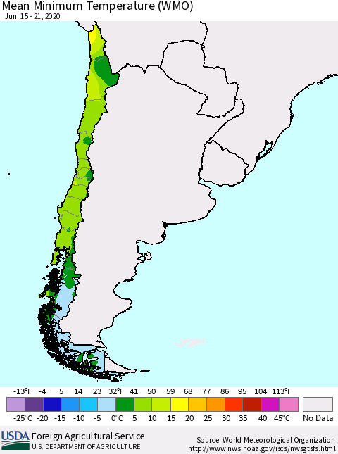 Chile Minimum Temperature (WMO) Thematic Map For 6/15/2020 - 6/21/2020