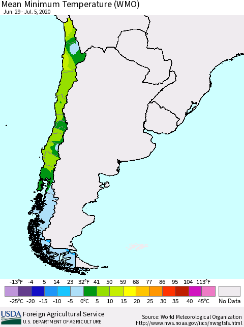 Chile Minimum Temperature (WMO) Thematic Map For 6/29/2020 - 7/5/2020