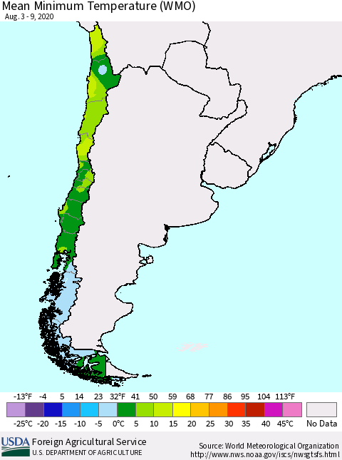 Chile Minimum Temperature (WMO) Thematic Map For 8/3/2020 - 8/9/2020