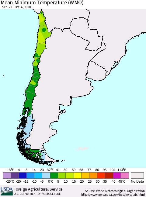 Chile Minimum Temperature (WMO) Thematic Map For 9/28/2020 - 10/4/2020